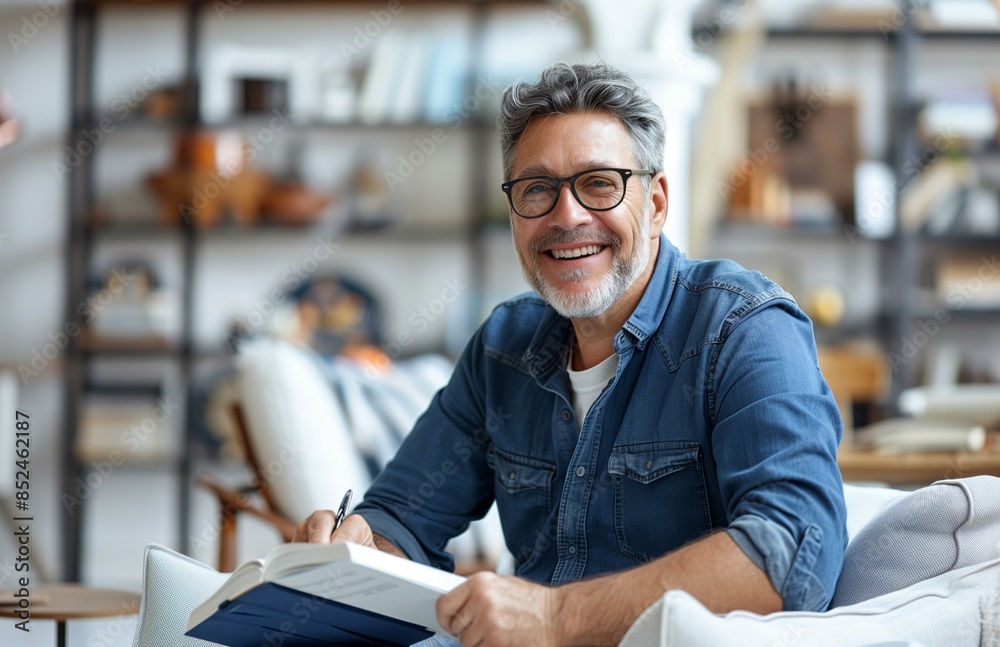 Fototapeta premium Smiling middle aged male therapist in blue shirt with glasses, holding notebook, sitting in modern home office
