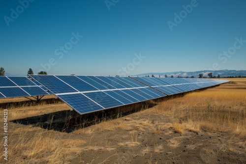 Expansive Solar Farm in Clear Sky Capturing Maximum Sunlight for Sustainable Energy Production