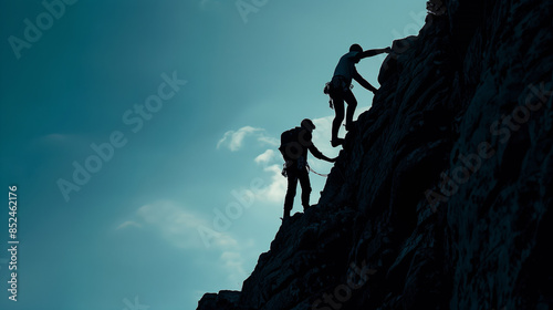 Silhouette of two climbers ascending a steep rock face, with one reaching out to help the other, set against a dusky sky.
