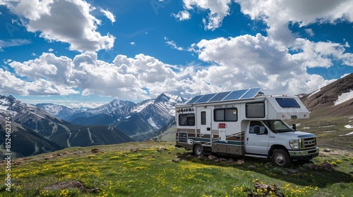Solar Powered RV Parked in Scenic Mountain Landscape for Sustainable Adventure Travel