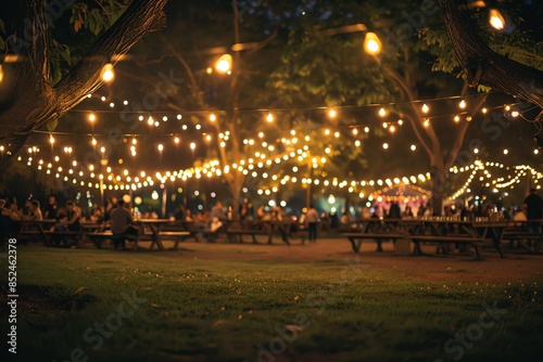 A festive gathering under twinkling lights in a park at night.