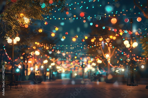 A festive street lit with colorful lights and bokeh. A magical scene of celebration and joy. © Pikul