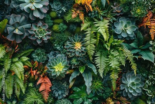 A lush green wall of succulents and ferns, perfect for a natural background.
