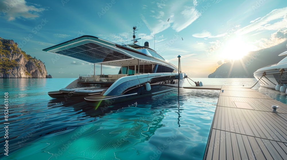 Fototapeta premium Luxury Solar-Powered Yacht Docked at Marina with Stunning Seascape Background for Sustainable Travel