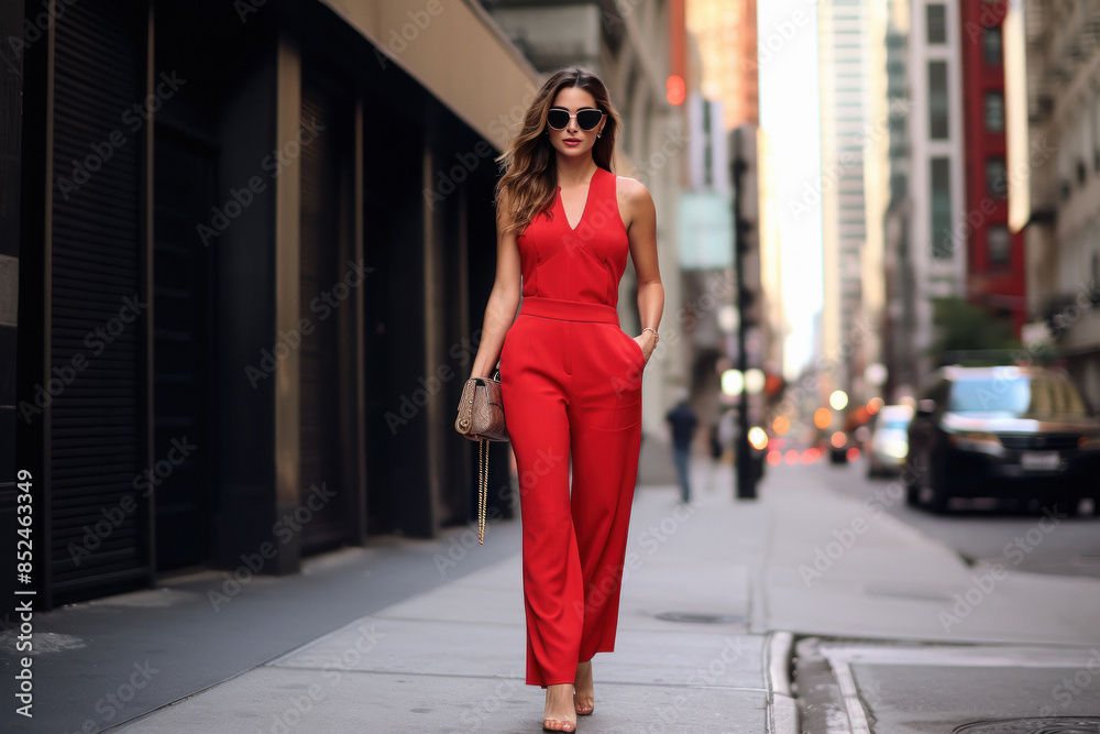 Young beautiful woman in red color jump suit Young beautiful woman in red color jump suit