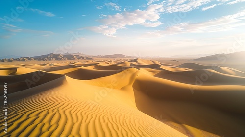 A vast desert landscape with rolling sand dunes under a clear blue sky.