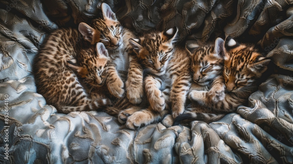 Close up top view family of tiger cubs sleeping together on cozy bed Close up top view family of tiger cubs sleeping together on cozy bed