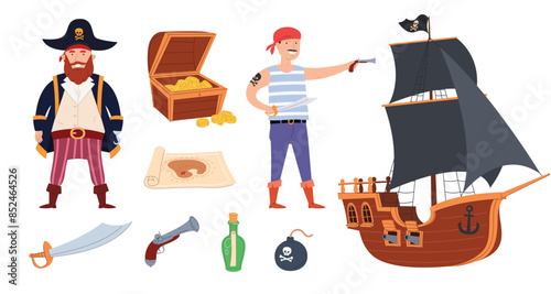 Pirates with a ship and pirate items. Treasure hunt. Captains and simple sailors. Sea robbers. Vector illustration