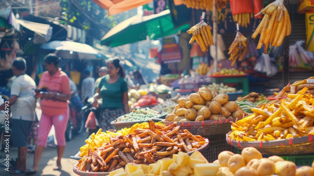 Fototapeta premium Colorful Street Food Market with Potato-Based Snacks, Fries, Wedges, and Stuffed Potatoes for Print, Card