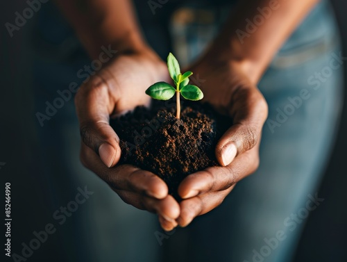 Medium shot of A pair of hands holding young plant, with green bokeh background and soil in the cupped palms.