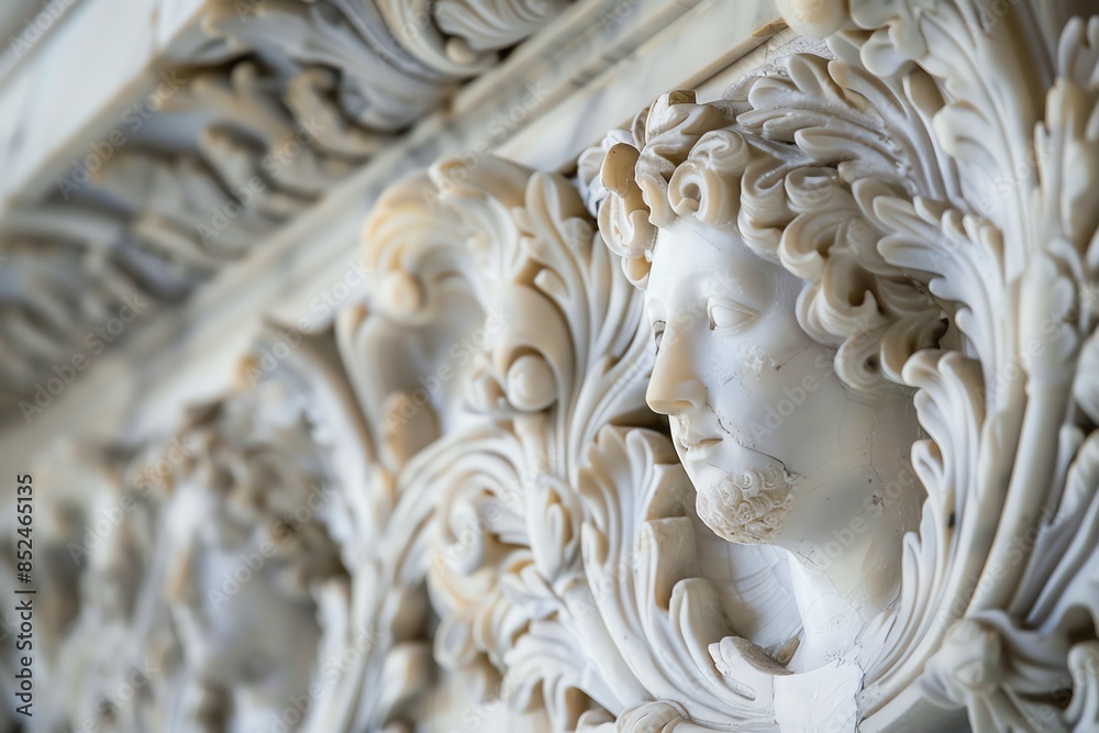 Close-up of an ornate marble sculpture with a human face surrounded by intricate floral motifs.
