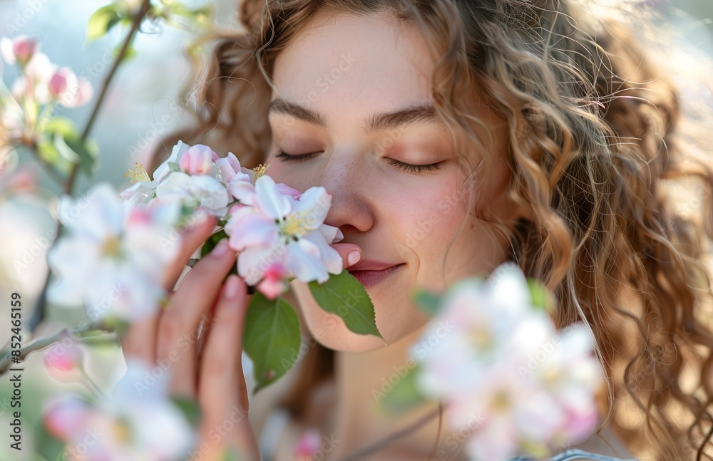 Fototapeta premium Young woman with closed eyes smelling apple tree flowers she is holding