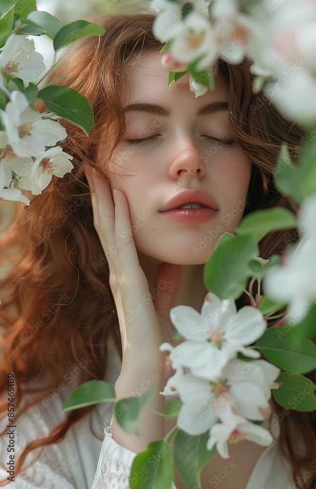 Young woman with closed eyes smelling apple tree flowers she is holding Young woman with closed eyes smelling apple tree flowers she is holding