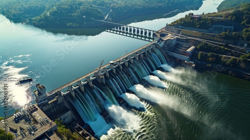 Aerial View of Hydropower Plant Showcasing Technological Advancements in Renewable Energy Research photo