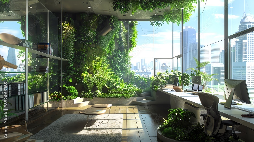 Modern office space with a large window overlooking a city skyline, featuring a lush vertical garden. Modern office space with a large window overlooking a city skyline, featuring a lush vertical garden.