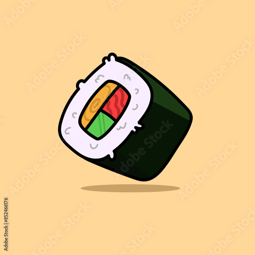 A cartoon drawing of a sushi roll with a green, red, and yellow piece of fish