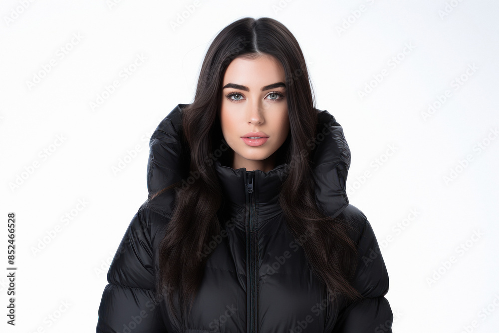 Young female black hair model posing in black down jacket isolated on white background Young female black hair model posing in black down jacket isolated on white background