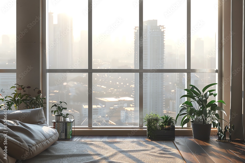 Sunlight streams through large windows in a modern apartment, illuminating a cozy seating area and offering a panoramic city view. Sunlight streams through large windows in a modern apartment, illuminating a cozy seating area and offering a panoramic city view.