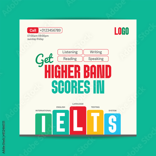 Modern social media post ads banner design template for english language learning course IELTS