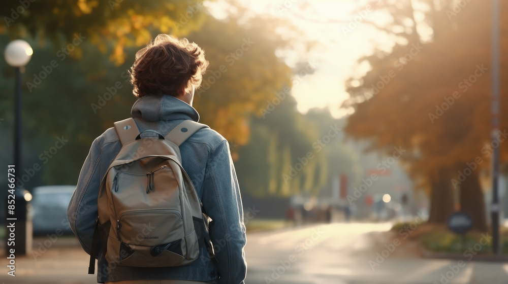 Young man holding bag and walking on road Young man holding bag and walking on road