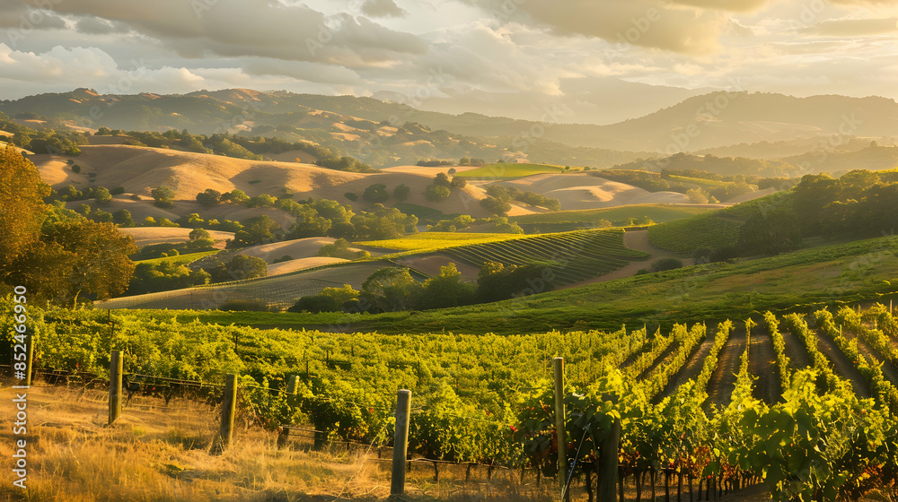 Naklejka premium Vineyard Landscape in Golden Sunset Light - Photo