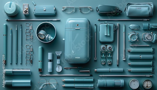 stationery set, horizons, tonal contrast, dark cyan and white, oversized objects, cartelcore photo