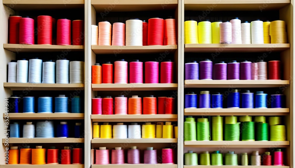 Spools of thread stacked on a shelf and organized by color. Spools of thread stacked on a shelf and organized by color.