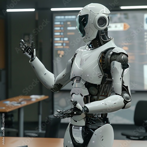 White humanoid robot standing in a modern office.