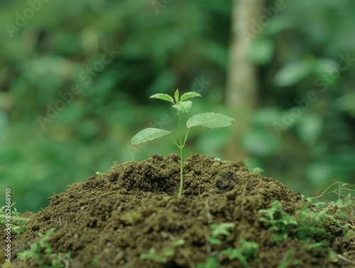 Medium shot of A single young plant sprouting from mossy soil, symbolizing new life and growth in the environment. ,a softly blurred background of natural greenery. © Deanmon