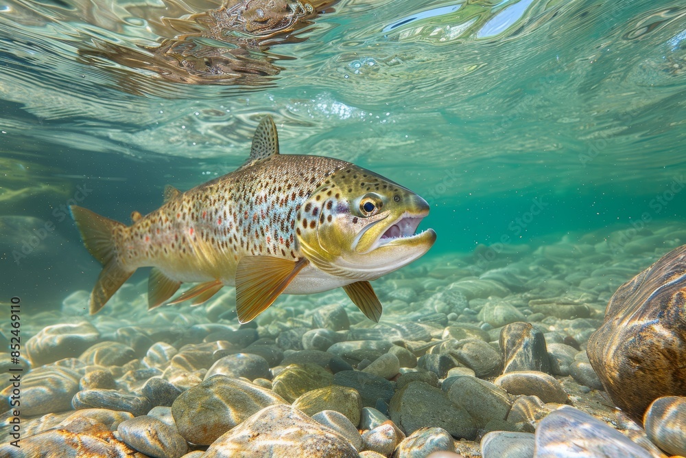 Naklejka premium Freshwater Trout Swimming in Clear River - Underwater Nature Photography for Print, Card, Poster