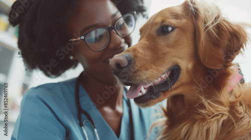 Happy Black Woman Veterinarian examining Dog, close-up. Friendship, trust, love, help, care between person vet and dog.