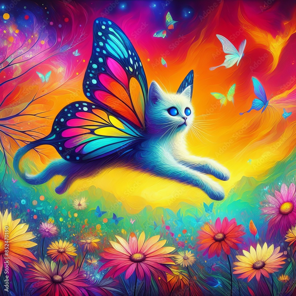 A whimsical scene featuring a white cat with vibrant butterfly wings leaping through a colorful field of flowers. The vivid colors and fantastical elements create a dreamlike atmosphere, perfect for A whimsical scene featuring a white cat with vibrant butterfly wings leaping through a colorful field of flowers. The vivid colors and fantastical elements create a dreamlike atmosphere, perfect for