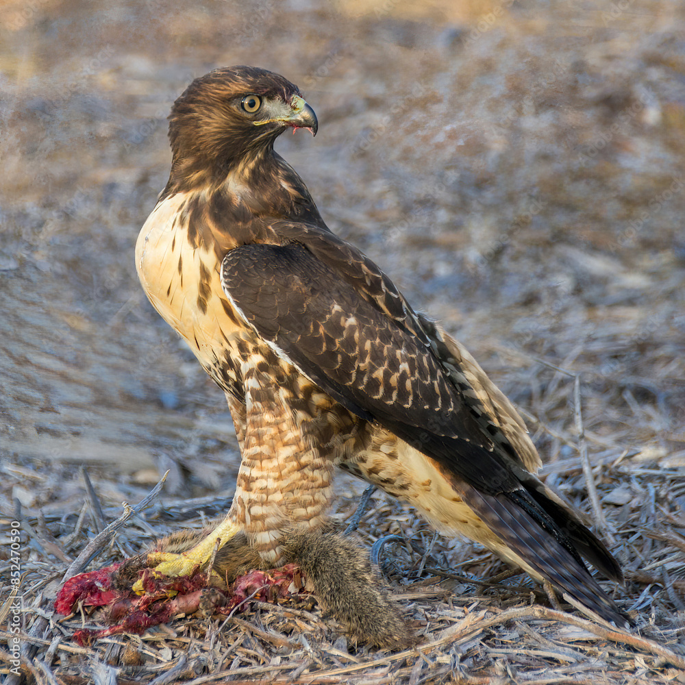 Fototapeta premium Red-tailed Halk, juvenile, with meal. Palo Alto Baylands, Santa Clara County, California.
