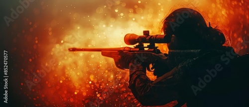 Silhouette of a soldier aiming a rifle with a fiery background.