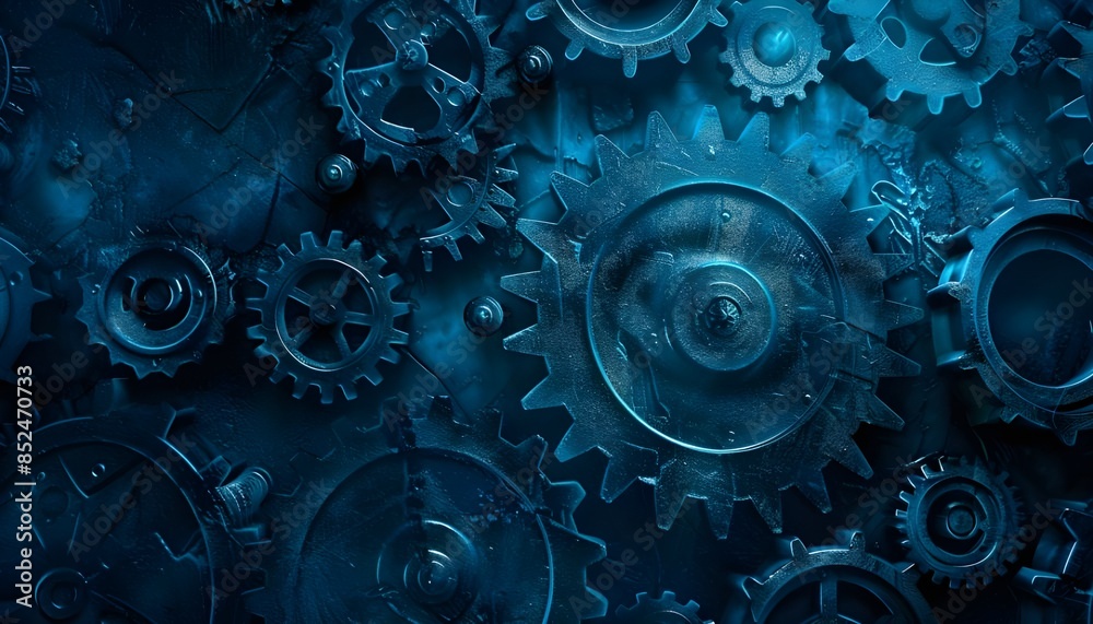 © thiraphon - An industrial background made of old metal cogs with a blue tone