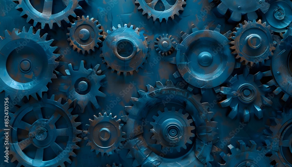 An industrial background made of old metal cogs with a blue tone An industrial background made of old metal cogs with a blue tone
