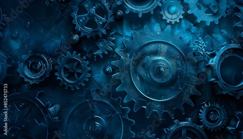 An industrial background made of old metal cogs with a blue tone