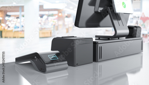 Quadro su tela Point of sale system or cash register machine focus on credit card reader