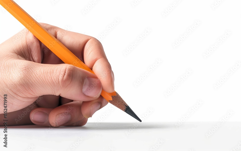 A realistic hand holding a pencil, educational element, photorealistic style, detailed, isolated on white background, A realistic hand holding a pencil, educational element, photorealistic style, detailed, isolated on white background,