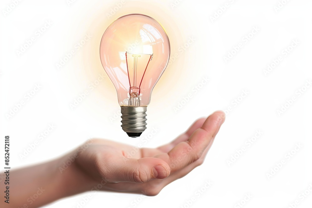 A realistic hand holding a light bulb, idea element, hyper-realistic style, detailed, isolated on white background, A realistic hand holding a light bulb, idea element, hyper-realistic style, detailed, isolated on white background,