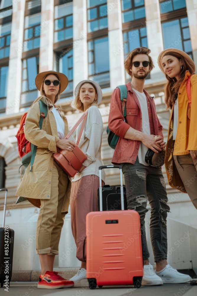 Fototapeta premium Tech Savvy Travelers with Smart Luggage Featuring GPS Tracking, Digital Locks, and Built-in Chargers