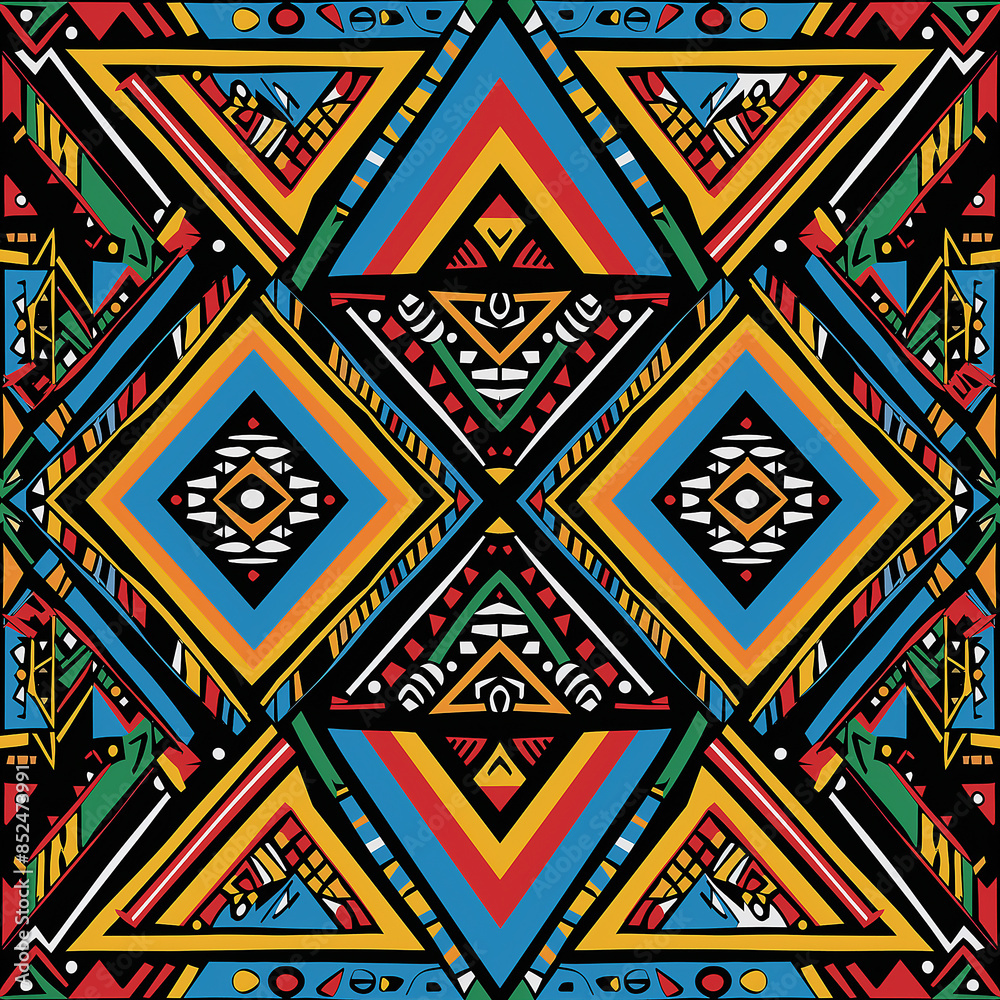 A vibrant, colorful tribal pattern with geometric shapes and intricate patterns in the style of African art. The design includes bold colors like reds, blues, yellows and greens A vibrant, colorful tribal pattern with geometric shapes and intricate patterns in the style of African art. The design includes bold colors like reds, blues, yellows and greens