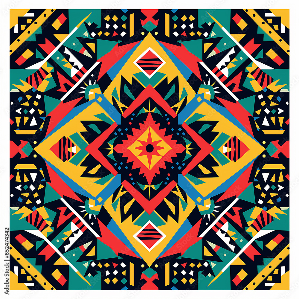 A vibrant, colorful tribal pattern with geometric shapes and intricate patterns in the style of African art. The design includes bold colors like reds, blues, yellows and greens A vibrant, colorful tribal pattern with geometric shapes and intricate patterns in the style of African art. The design includes bold colors like reds, blues, yellows and greens