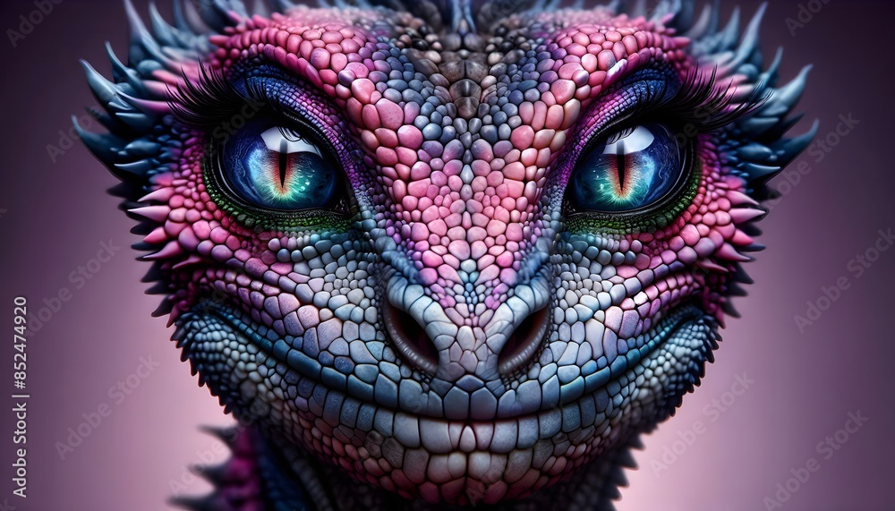 Naklejka premium Fotografía, criatura mística, reina, rey, dragón, joyas, escamas, majestuoso, detallado, colores vibrantes, arte digital, surrealismo, mágico, deslumbrante, elegante, místico, extraterrestre