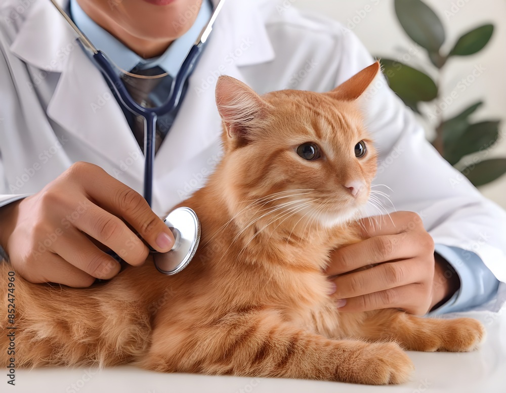 Veterinarian examining a cat with his stethoscope,and The camera's focus is on the veterinarian's hands Veterinarian examining a cat with his stethoscope,and The camera's focus is on the veterinarian's hands