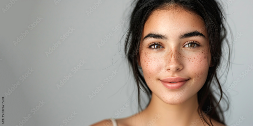 Portrait young smiling woman long black hair skin care beauty skincare cosmetics grey background copy space Portrait young smiling woman long black hair skin care beauty skincare cosmetics grey background copy space