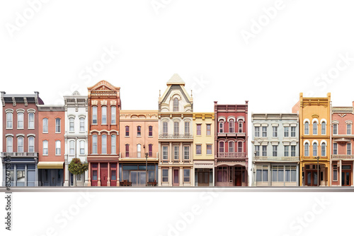 A Vibrant Street Scene of Historic Brick Buildings With Ornate Details on White or PNG Transparent Background.