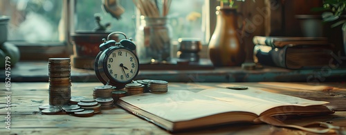 A realistic image of a blank journal with a vintage alarm clock and a stack of coins, perfect for a retro-themed background with copy space