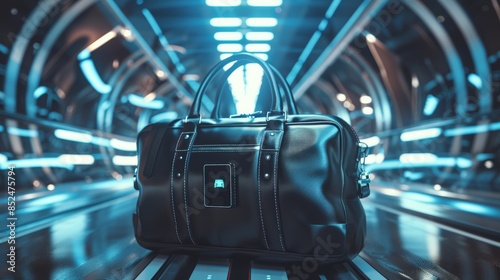 Modern Travel Bag with Digital Scale and USB Ports in Futuristic Corridor - Perfect for Tech-Savvy Travelers photo