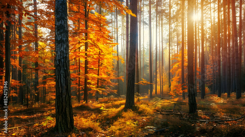 Autumn Forest Scene With Sunlight Shining Through Trees Illustration